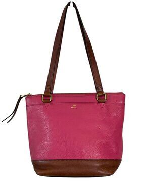 Fossil Pink Leather Shoulder Tote Bag Brown Trim Brass Hardware